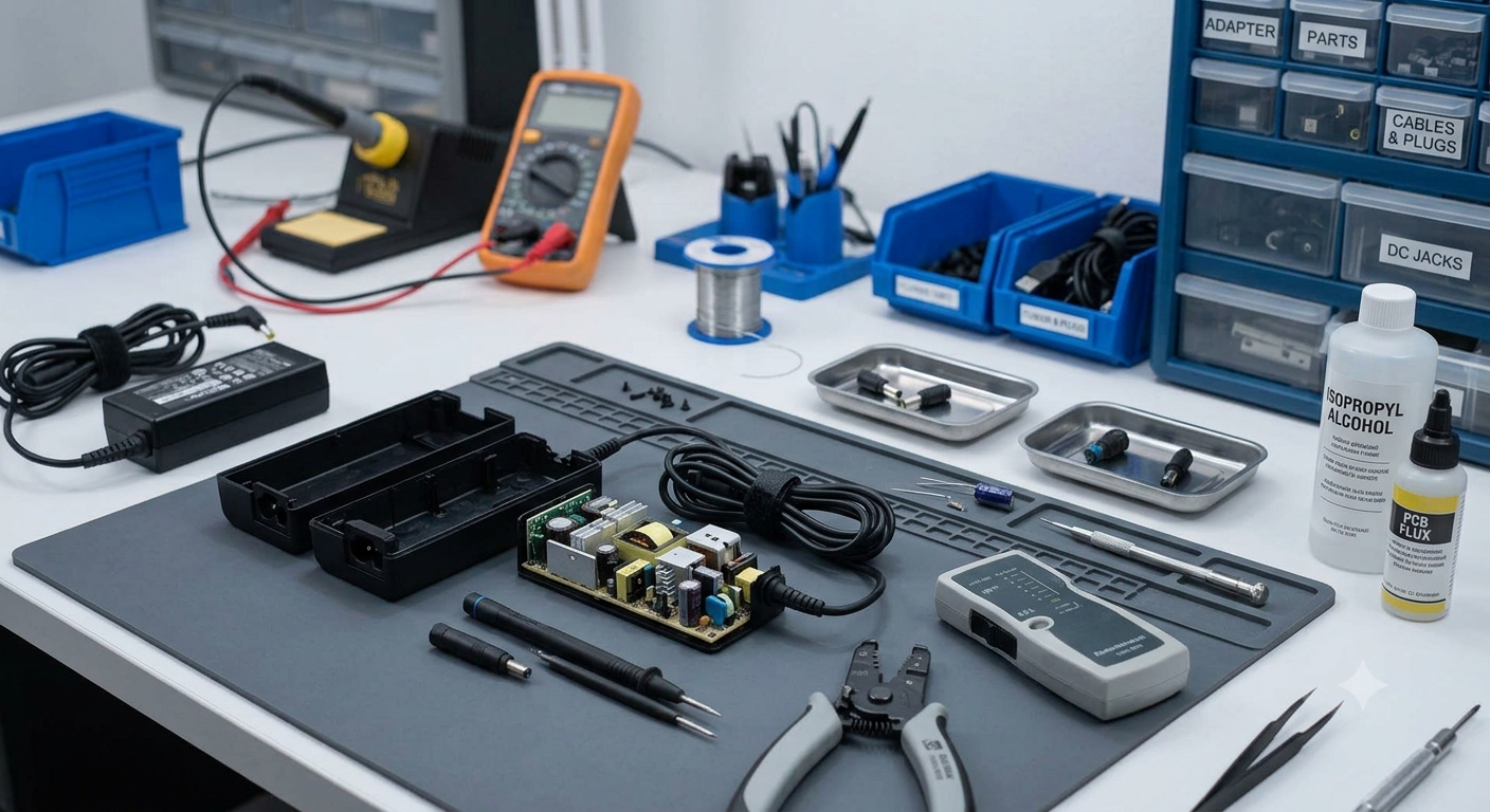 Técnico reparando cargador de notebook