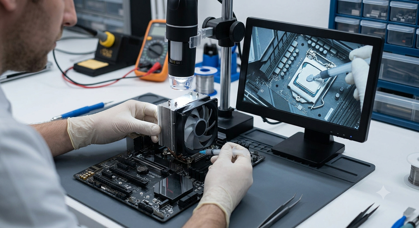 Reparacion de PC bajo microscopio