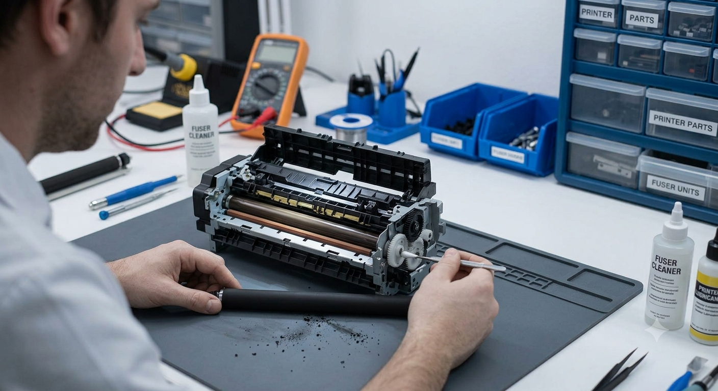 Técnico reparando fusor de impresora láser en banco de trabajo
