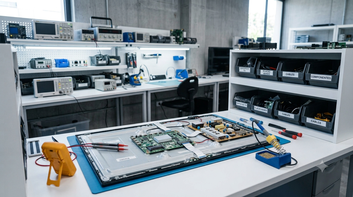 Técnico reparando placa madre de un Smart TV en banco de trabajo